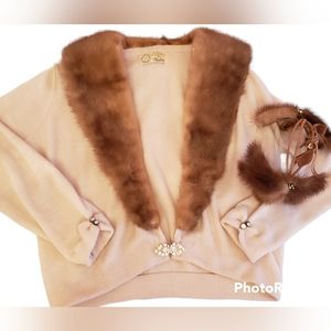 Vintage 1950's fur collar cardigan fur hat set small medium